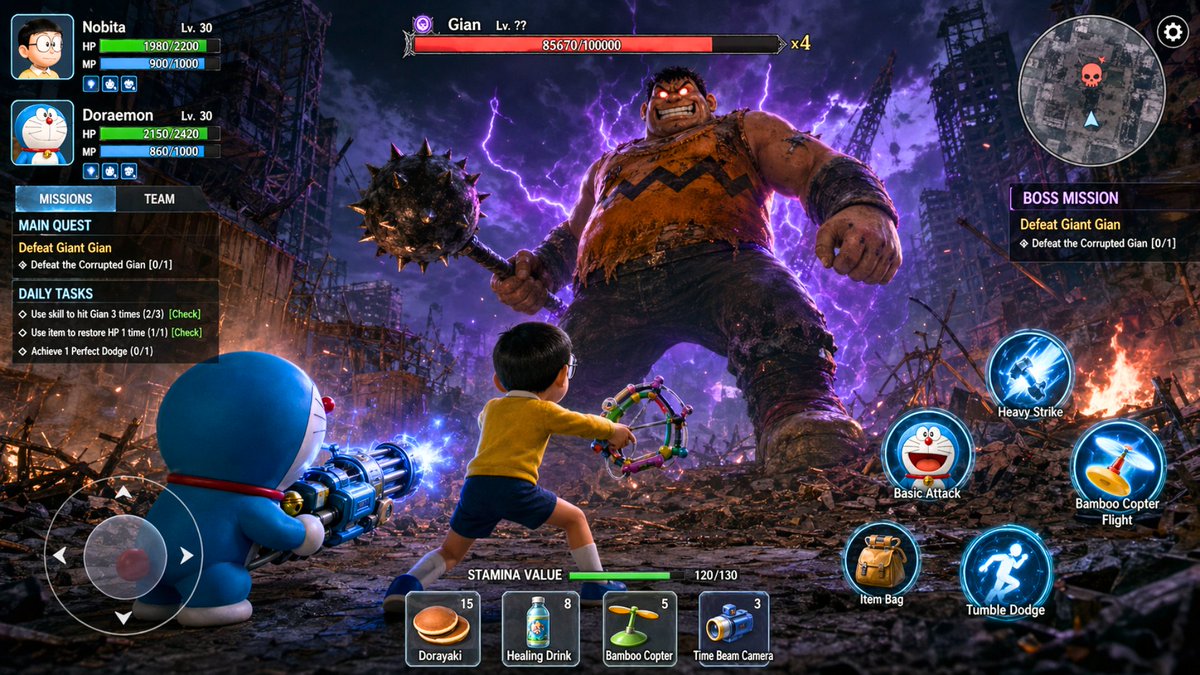 도라에몽 노비타 vs 거대 자이언 포스트 아포칼립스 RPG 전투