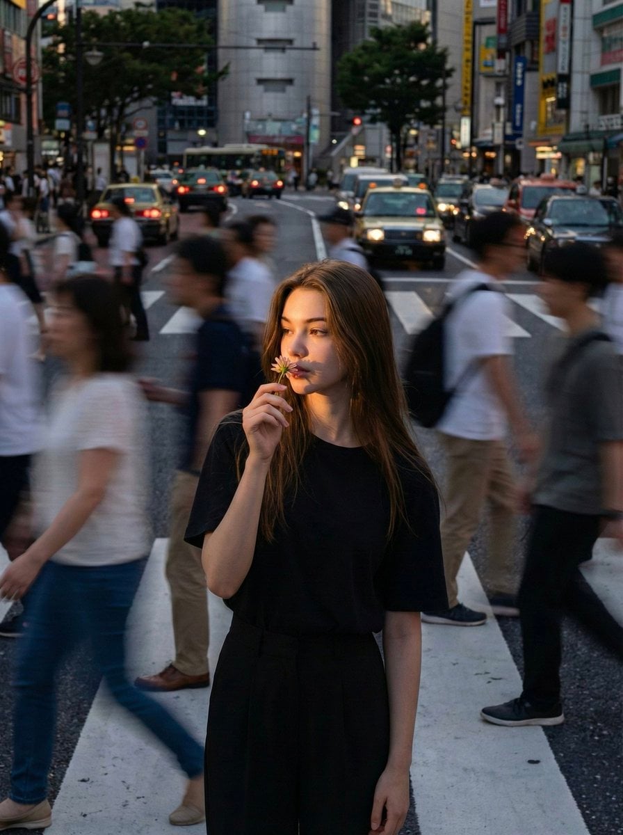 Bald Woman Smelling Flower in Busy Urban Crosswalk