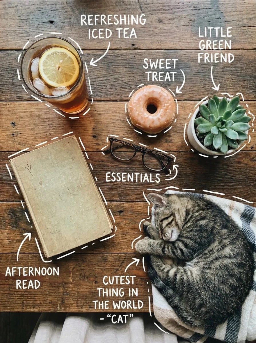 Flat Lay Rustique Cosy avec Thé Glacé Donut et Chat Endormi
