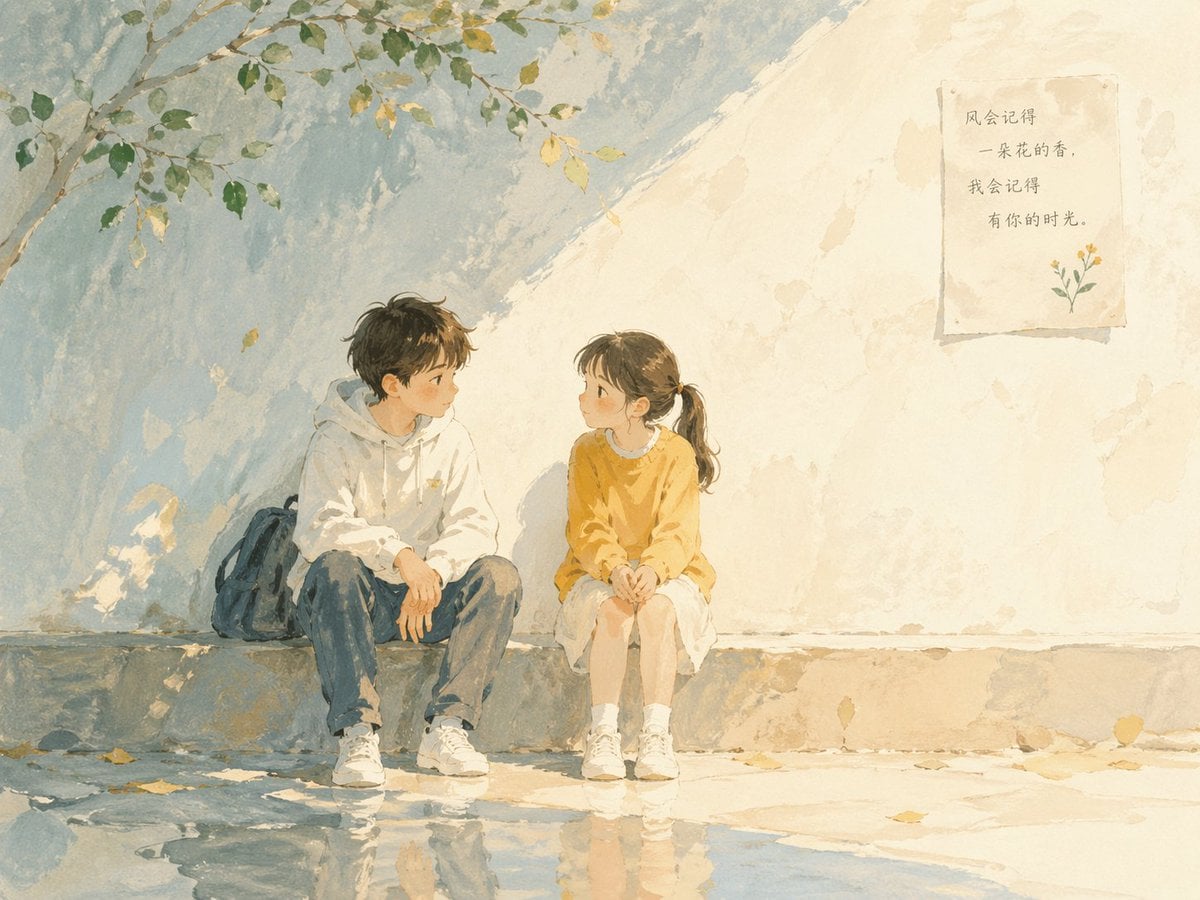 Poetic Watercolor Children's Book Illustration of Two Children in Calm Conversation