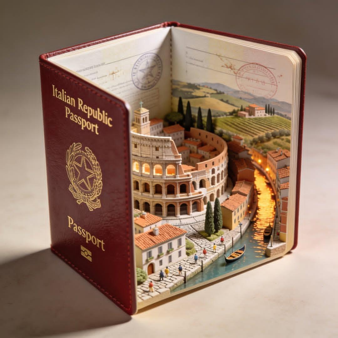 Passeport ouvert hyper réaliste avec diorama 3D de monuments iconiques