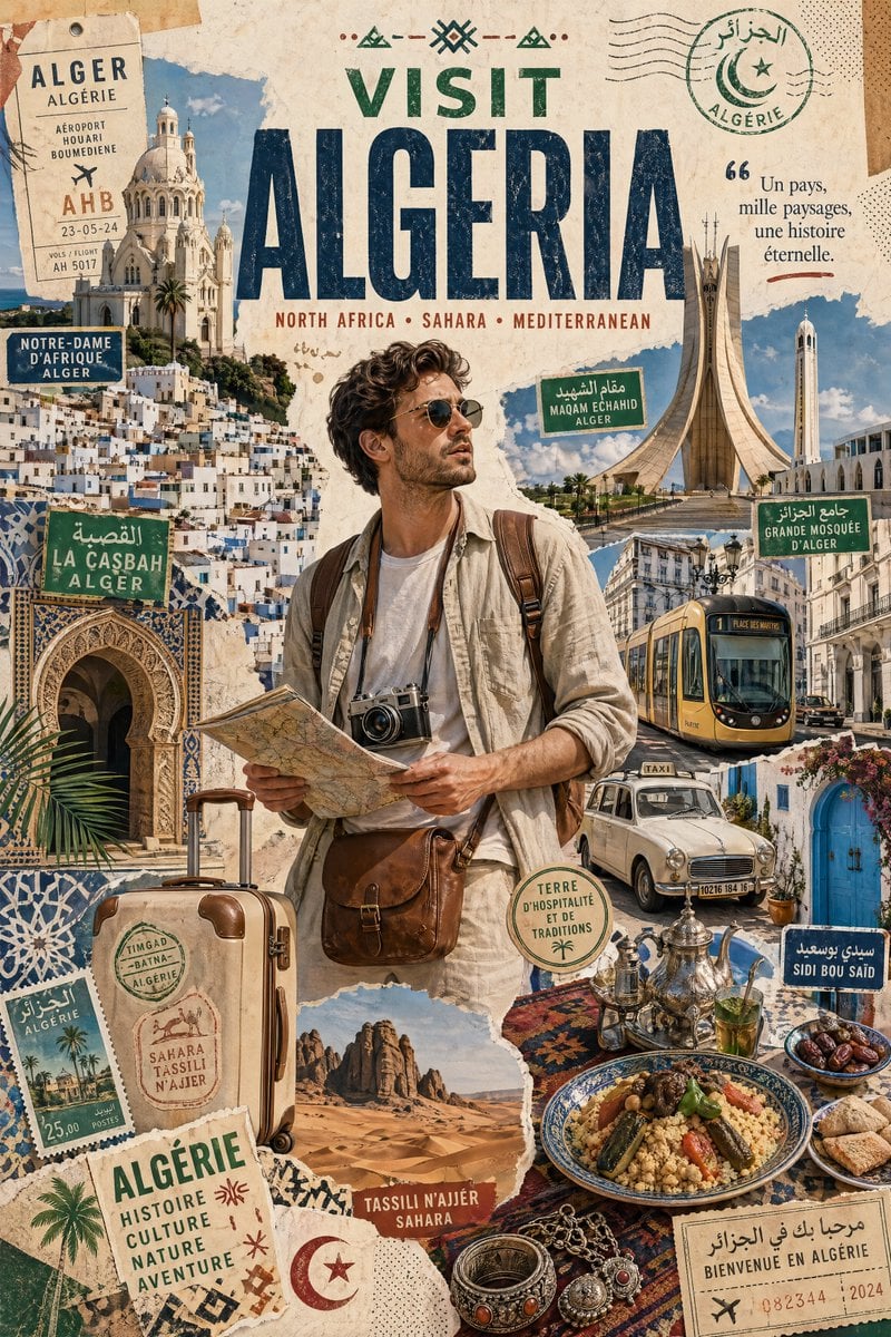 Stylized Algeria Travel Poster with International Tourist in Graphic Collage
