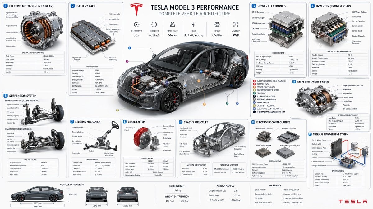 Tesla Model Y Main Components Technical Diagram with Module Details