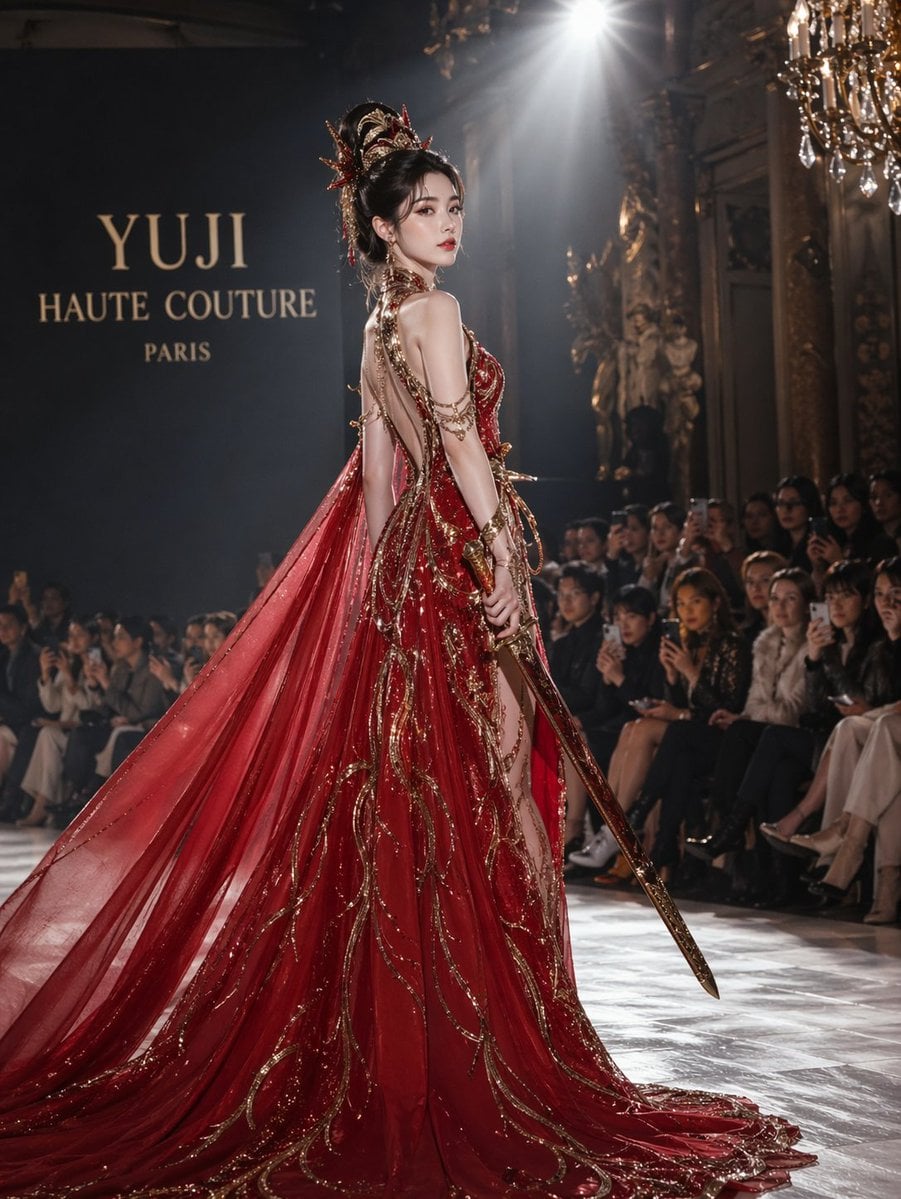 Yu Ji in Red Haute Couture Gown with Sword on Paris Runway