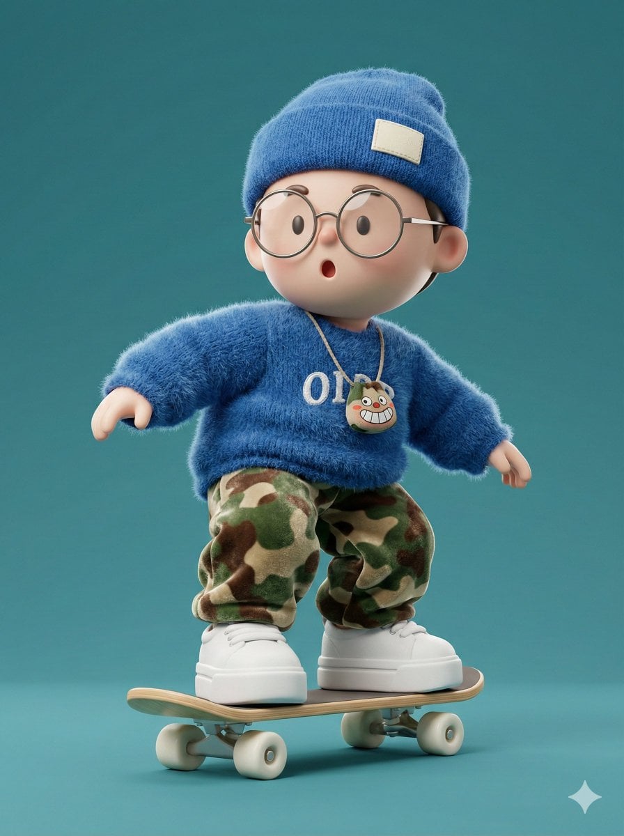 Cute Chibi Boy Skateboarding in Fuzzy Blue Mohair OID Sweater 3D Render