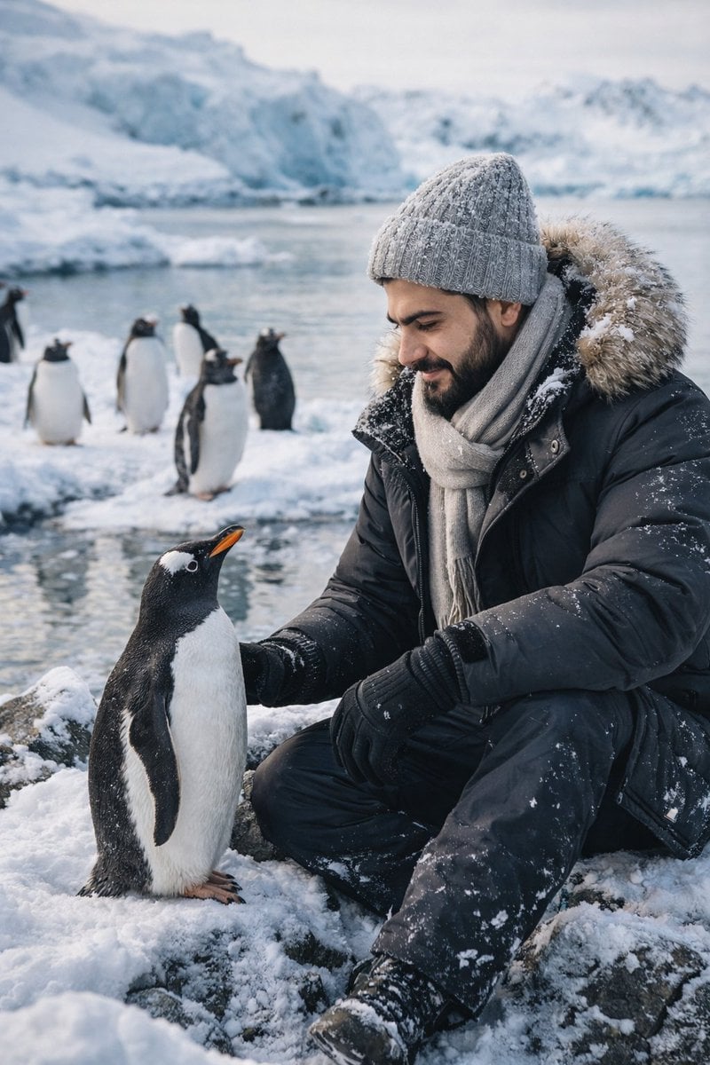 Ultra Realistic Young Man with Penguins in Icy Habitat
