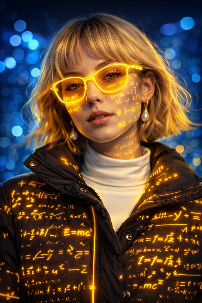 Futuristic Cyber Portrait Young Woman Neon Yellow Glasses Math Equations