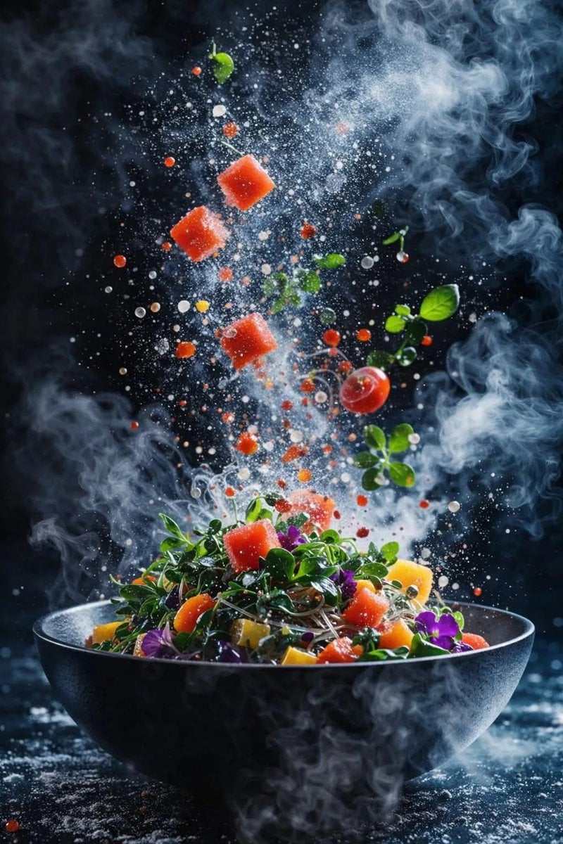 Hyper-Realistic Dynamic Salad Explosion 8K Food Photography