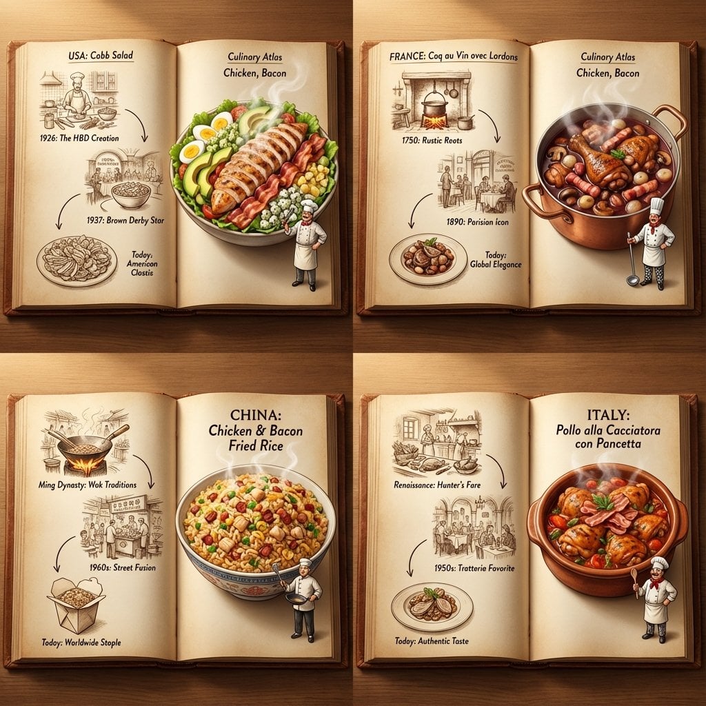 Culinary Atlas 2x2 Grid of Open Books with Cultural Dish Variations