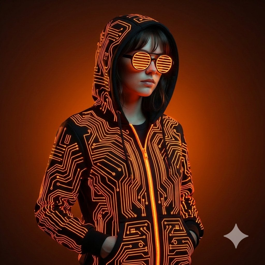 Cyberpunk Neon Orange Circuit Hoodie Studio Portrait